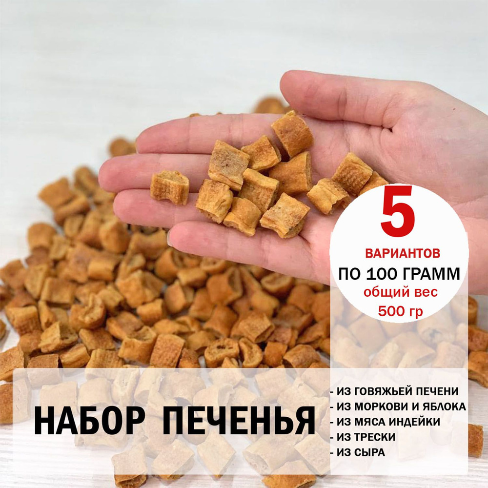 Набор печенья для собак 5 вкусов (сыр, печень, морковь,треска, индейка) 5уп. х 100гр  #1