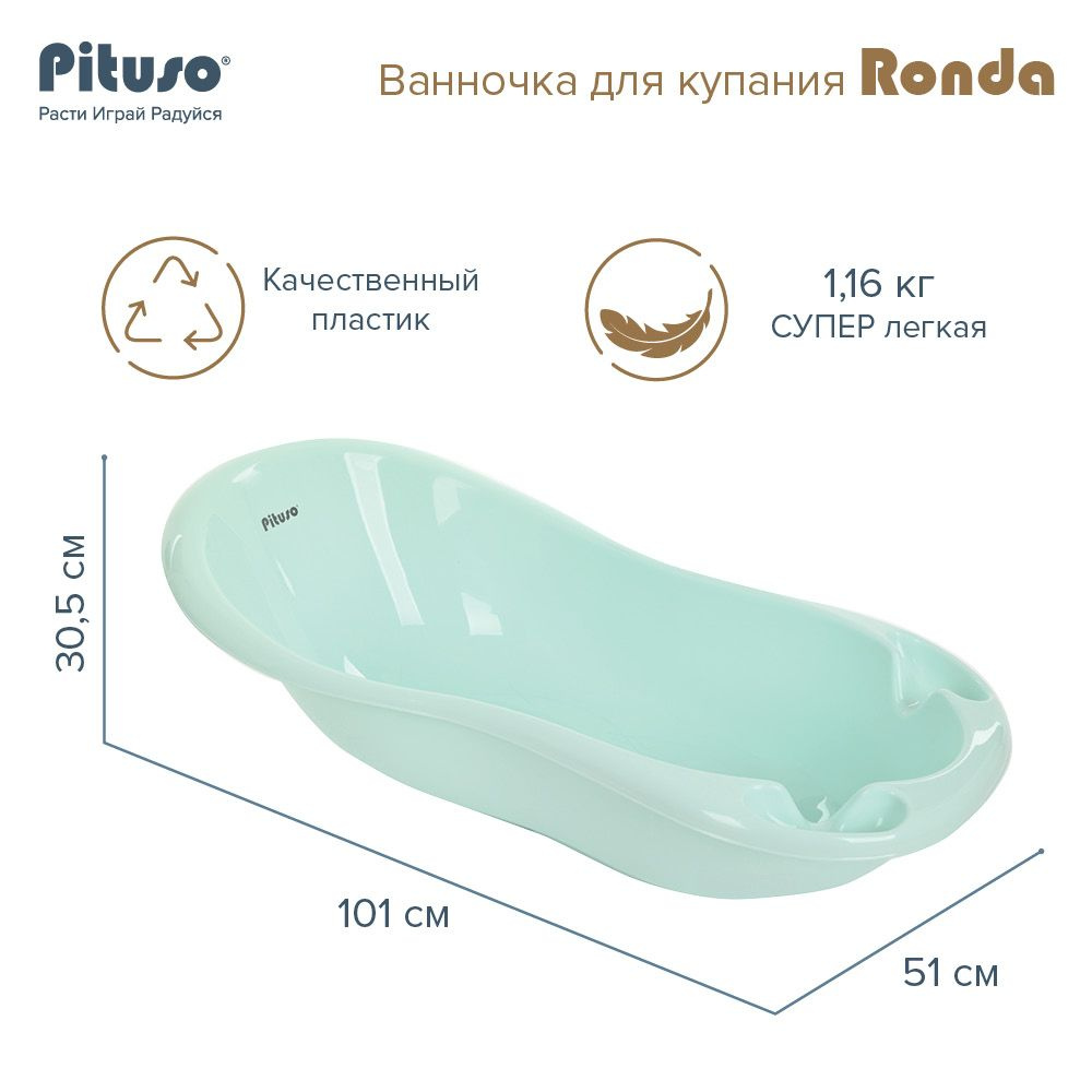 Детская ванна Pituso Ronda со сливом и термометром 101 см Мятный  #1