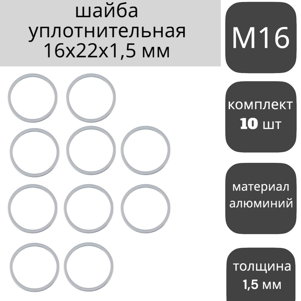 Кольцо (шайба) уплотнительное 16х22х1,5 мм, алюминий (Набор - 10 шт.) КРЕПКОМ  #1