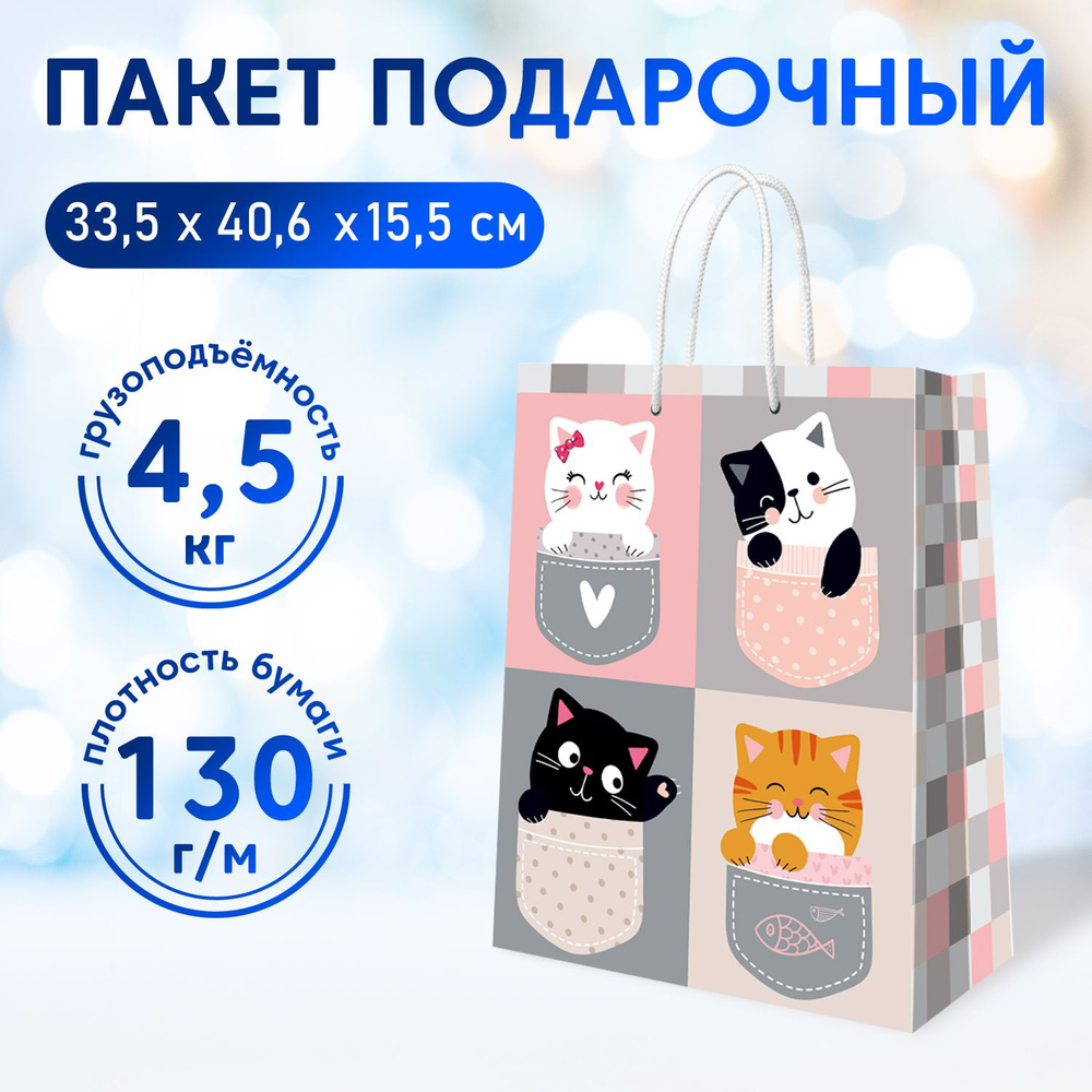 Пакет подарочный ND Play / Кошки в кармашках, 335*406*155 мм, бумажный, 310208  #1