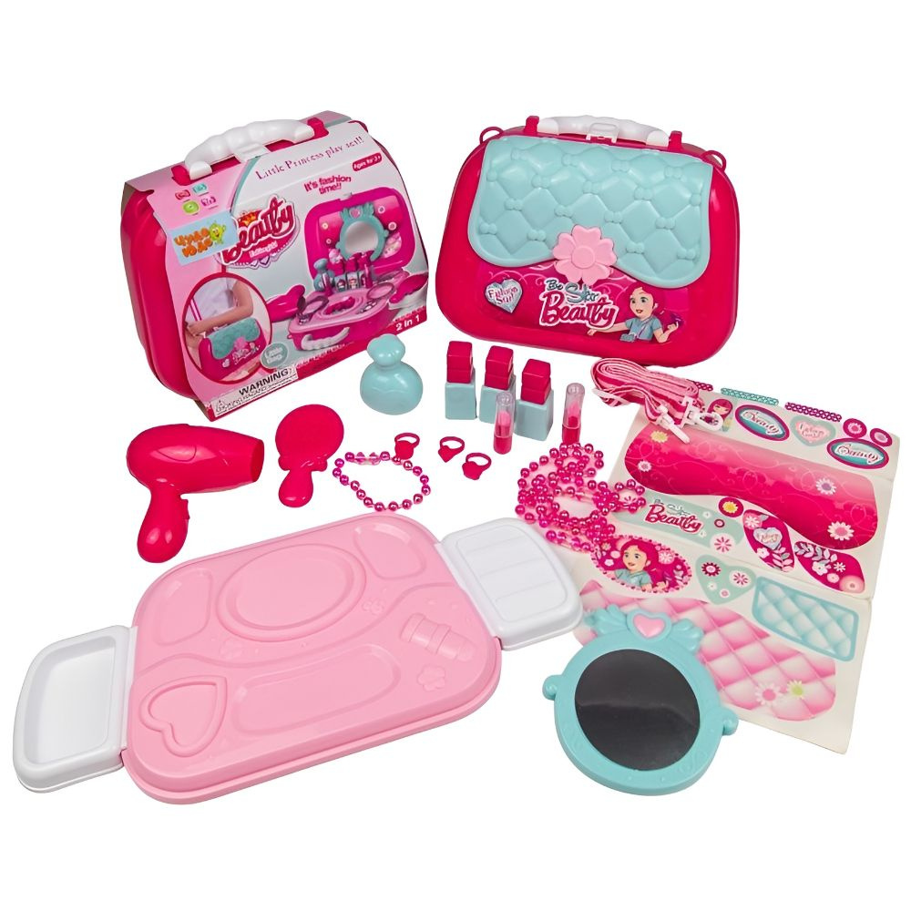 Игровой набор детский салон красоты Модница "Трюмо" с игрушечной косметикой и феном в чемодане, 17 предметов, #1