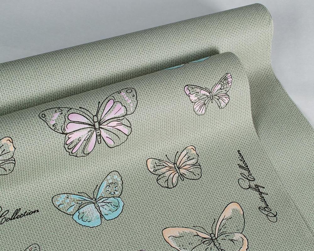 Обои компаньоны бумажные рогожка моющиеся в детскую зеленые с бабочками ,10 метров  #1