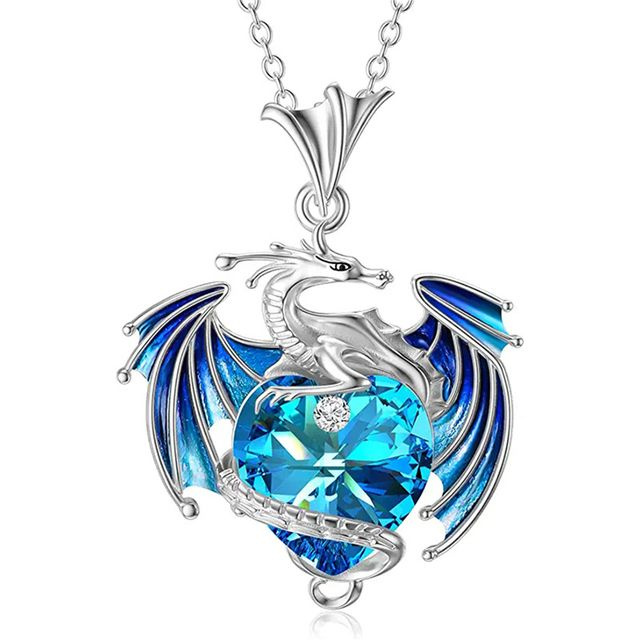 Женское ожерелье с кулоном в виде дракона "Сердце дракона" голубое  #1