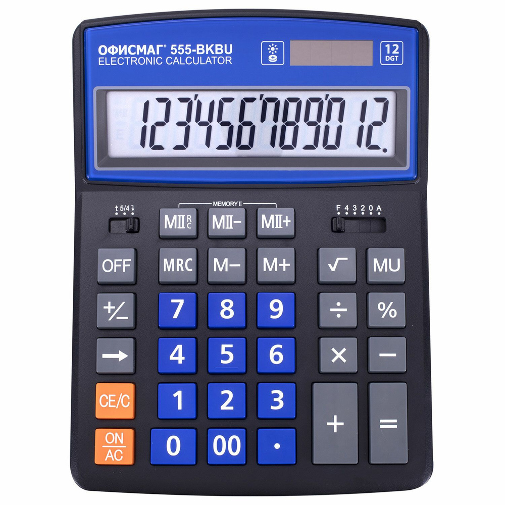 Калькулятор настольный большой 12 разрядный, 206x155 мм, двойное питание, черный, Офисмаг 555-BKBU  #1