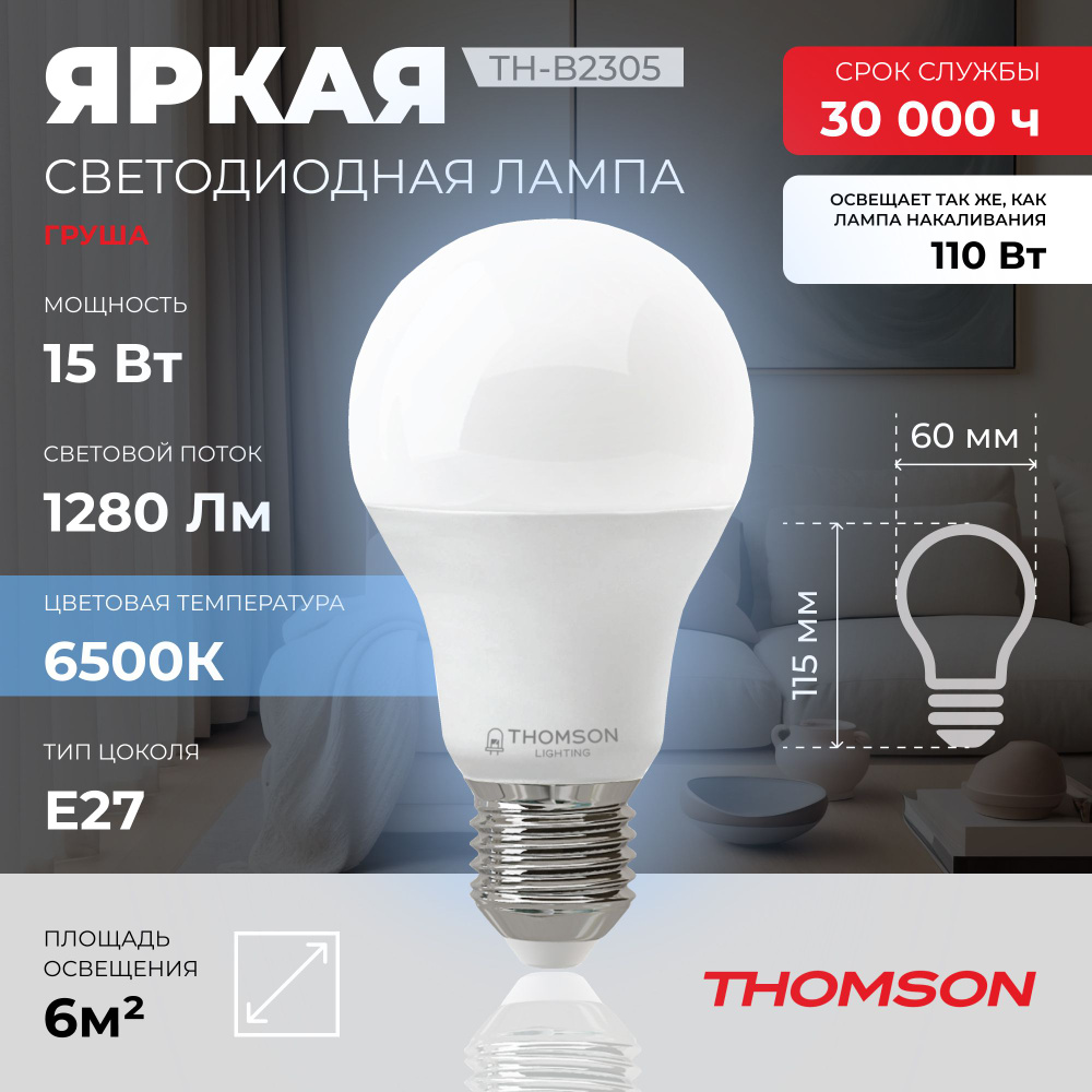 Лампочка Thomson TH-B2305 15 Вт, E27, 6500K, груша, холодный белый свет  #1