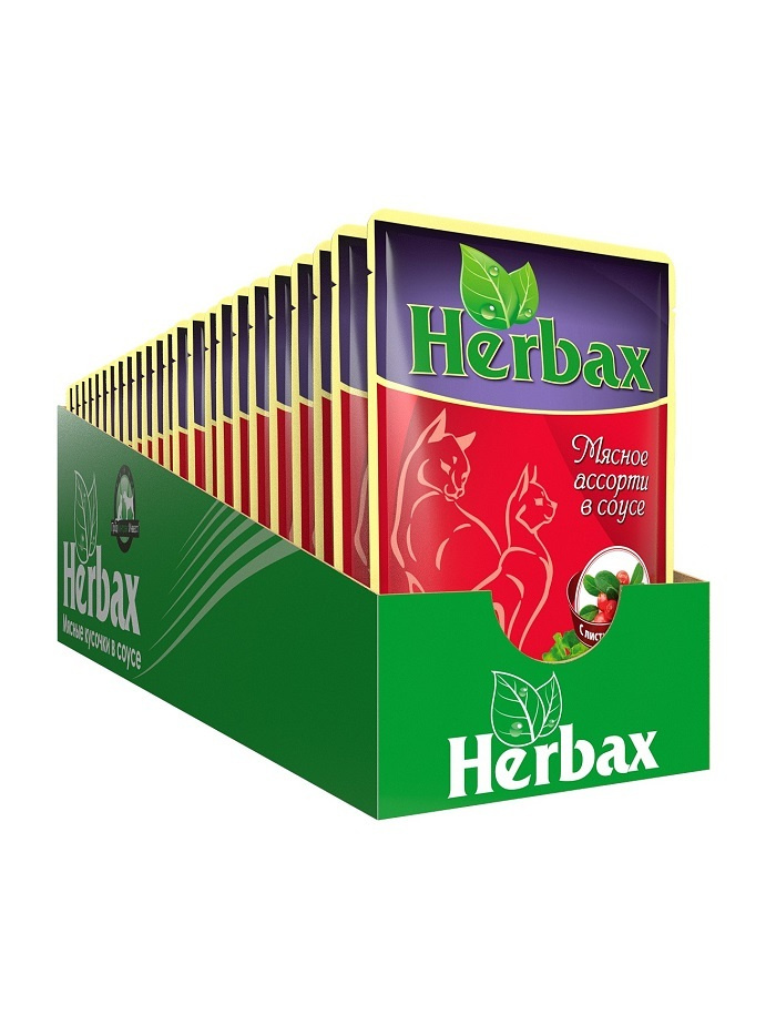Корм для кошек влажный HERBAX полнорационный мясное ассорти в соусе с листьями брусники 100 г 24 шт  #1
