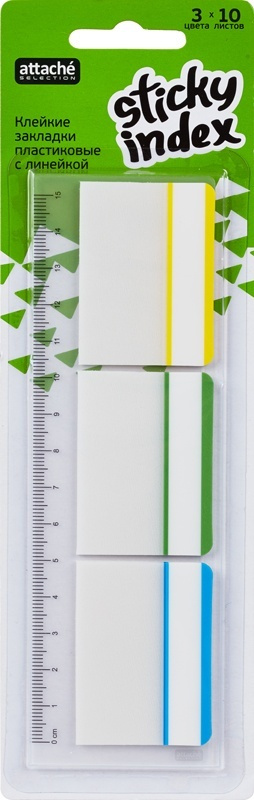 Клейкие закладки Attache пластиковые, 3 цвета по 10 листов, 37х50 мм, Selection, линейка  #1
