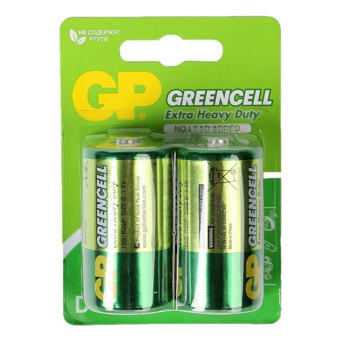 GP, Батарейка солевая, Greencell Extra Heavy Duty, D, R20-2BL, 1.5В, 2 штуки в блистере  #1