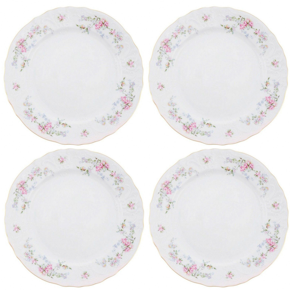 Набор тарелок десертных закусочных 19 см на 4 персоны Бернадотт Дикая роза, фарфор, мелкие белые, Bernadotte #1