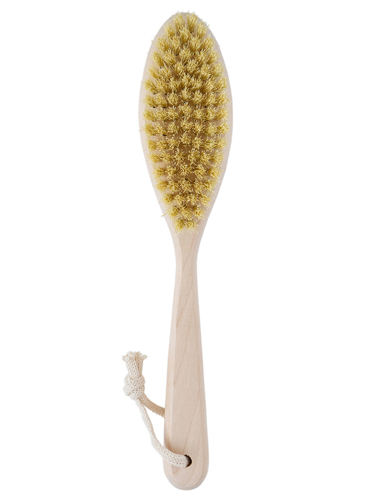 Щетка сухая массажная с натуральной щетиной кактуса (тампико), березовая с длинной деревянной ручкой #1