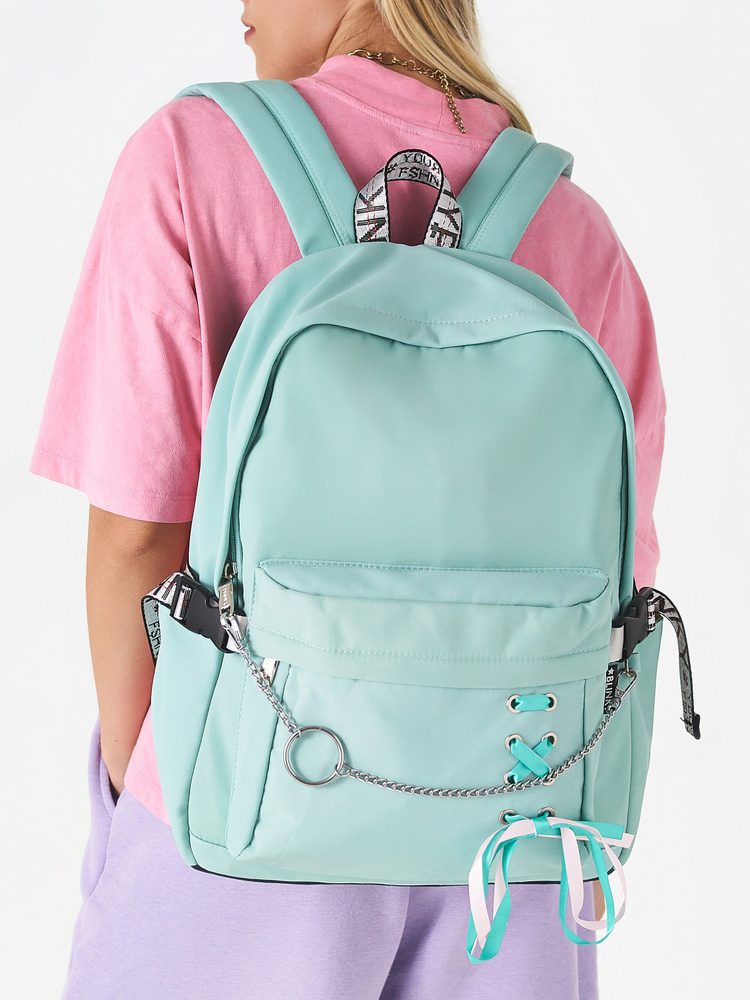 Рюкзак стильный молодежный модный крутой с лентами и цепочкой школьный девушки тренд  #1