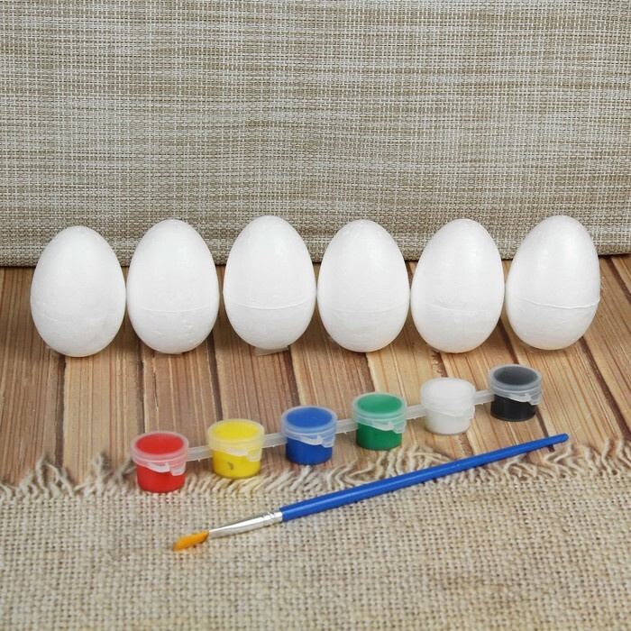 Набор яиц под раскраску 6 шт., размер 1 шт: 4 x 6 см, краски 6 шт. по 3 мл, кисть  #1