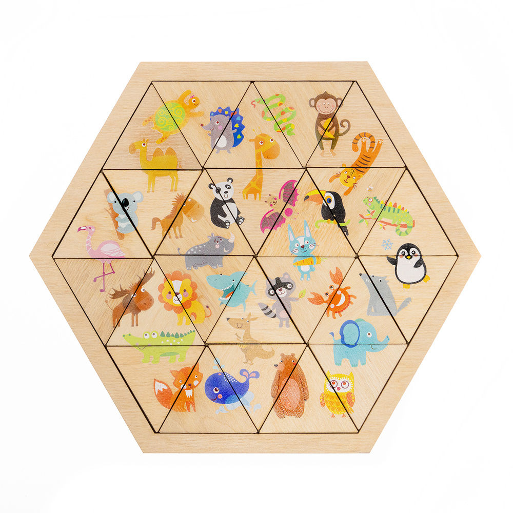 Деревянная игра головоломка для малышей "Веселый зоопарк" Занимательные треугольники (Развивающие пазлы #1