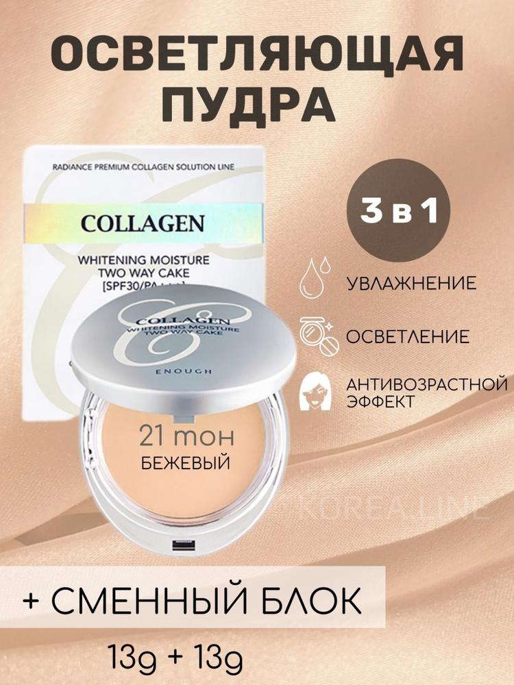 Осветляющая пудра Enough Collagen 3 in 1 Whitening Moisture Two Way Cake SPF30 #1