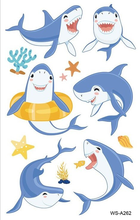 Переводные татуировки детские "Веселые акулы - 262" 7.5х12 см  #1