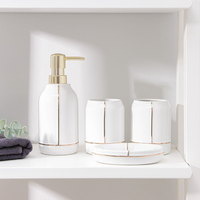 Набор аксессуаров для ванной комнаты Лайн, 4 предмета (дозатор 400 мл, мыльница, 2 стакана), цвет белый #1