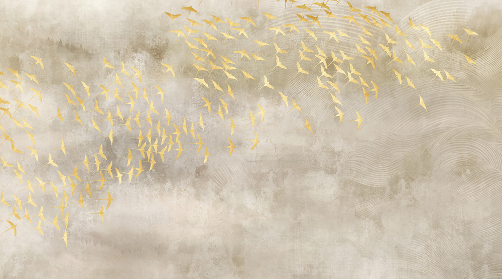 Фотообои флизелиновые на стену 3д GrandPik 52423 Лофт "Стая золотых птиц" (ШхВ), 450х250 см  #1