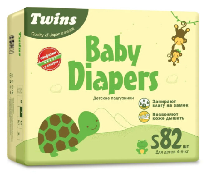 Твинс / Подгузники детские Twins S (4-9кг) 82 штуки / детские бюджетные подгузники на липучках / подгузники #1