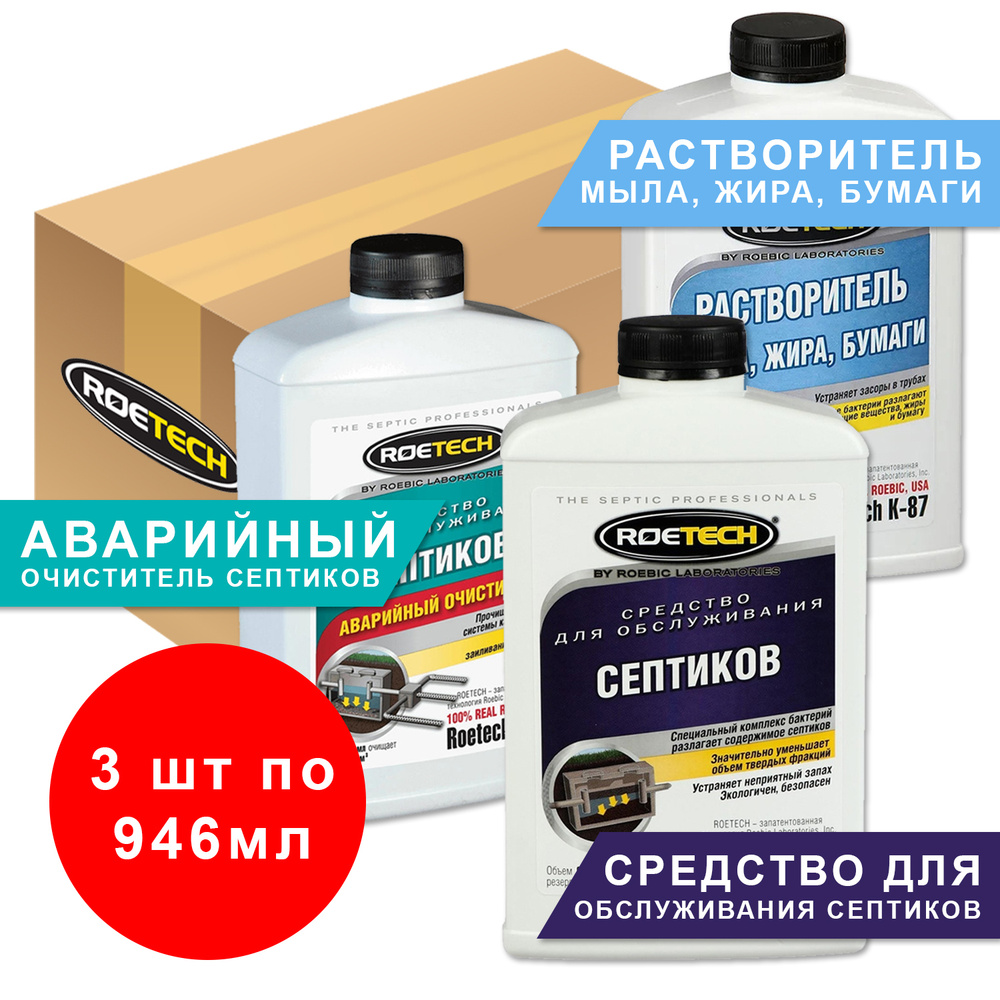 Набор из трех компонентов Roеtech: Растворитель мыла, жира, бумаги 946 мл + Аварийный очиститель септиков #1