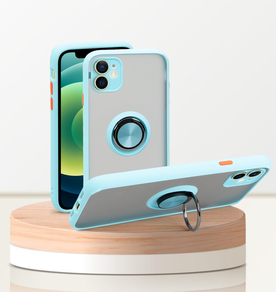 Чехол для айфон 12 мини / iphone 12 mini, голубой, с кольцом, магнитный, подставка, защита камеры  #1