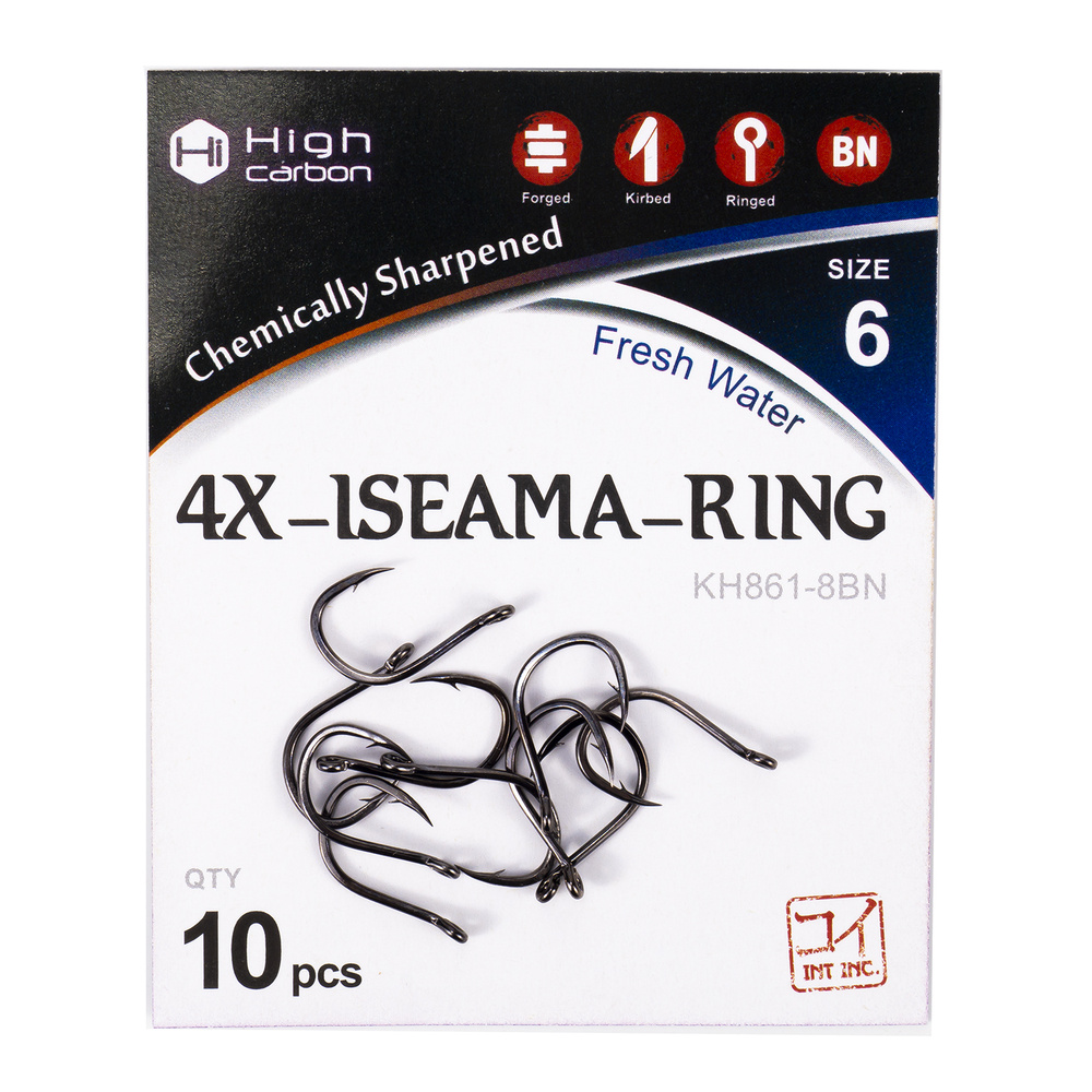 Крючки для рыбалки 10штук KOI 4X-Iseama-Ring №6 (Asia 8), цвет Black Nickel  #1