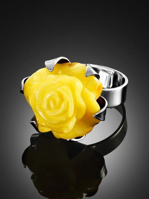Женственное кольцо с натуральным янтарем Роза медовая #1