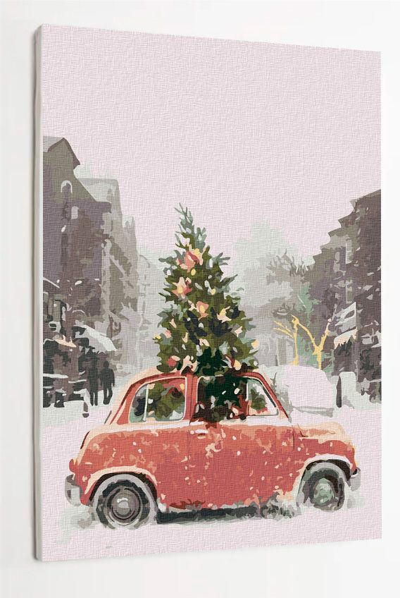 Картина по номерам на холсте с подрамником "Новый год, машина, ёлка", 40х50 см  #1