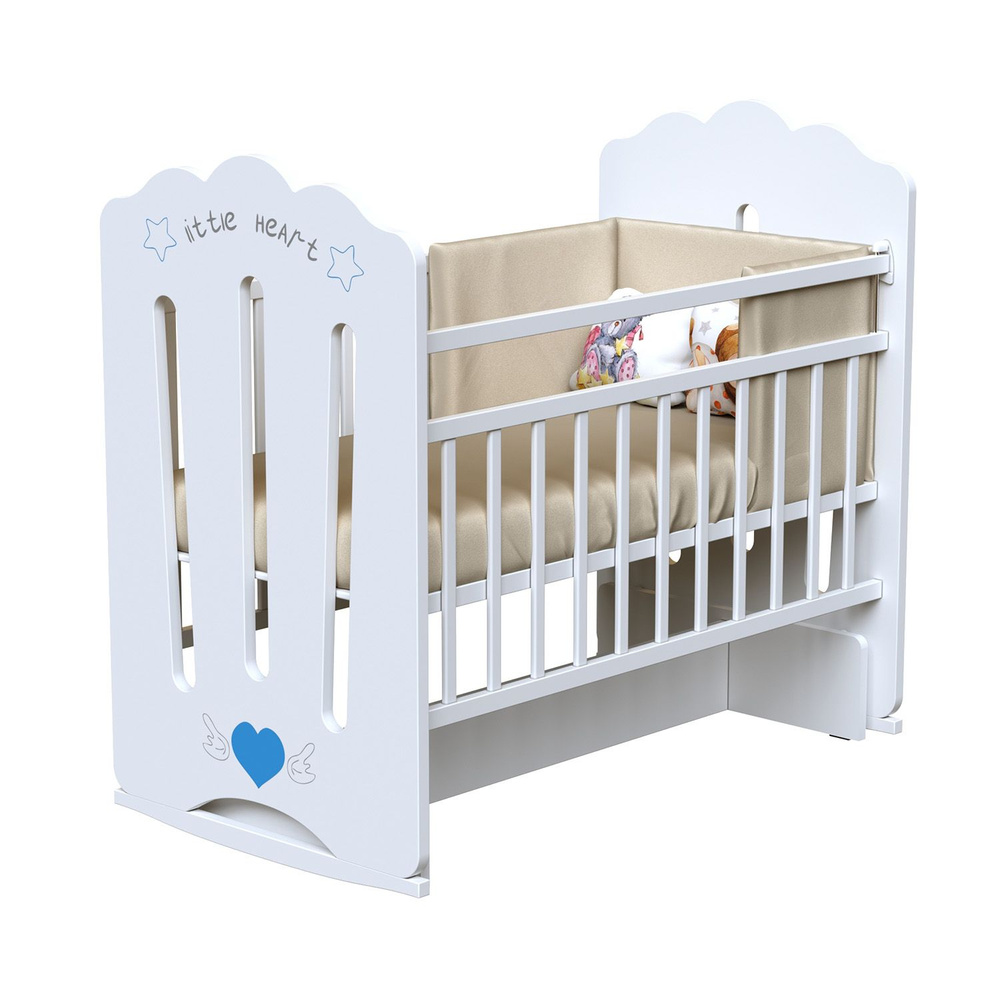 Кроватка детская ВДК LITTLE HEART для новорожденных, колесо-качалка с маятником, массив березы, белый #1