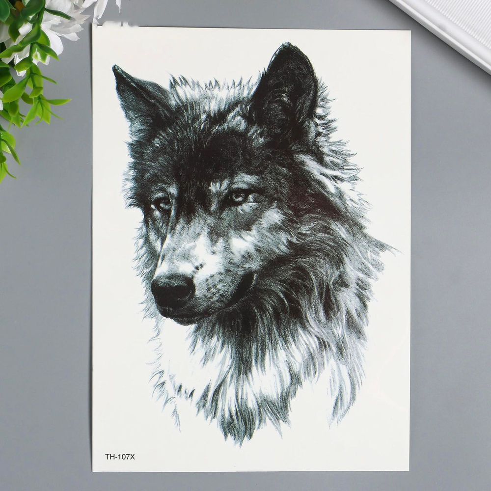 Татуировка  на тело чёрная "серый волк " 21х15 см #1