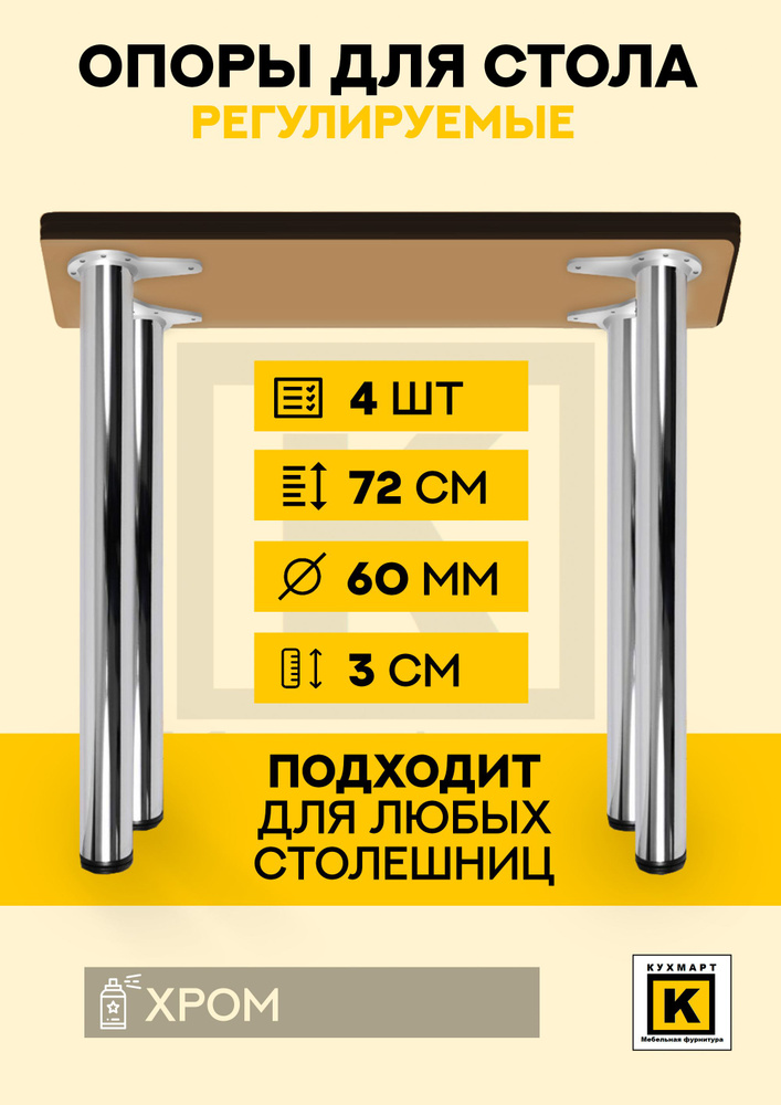 Ножки для стола, столешницы 60*710 мм 4шт металлические регулируемые, Хром  #1