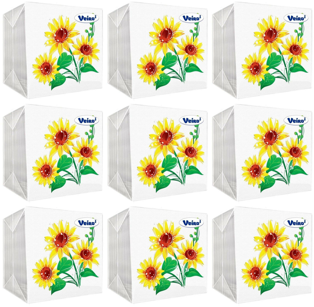Veiro Салфетки бумажные Желтый Цветок Подсолнух, однослойные, 24х24 см, 100 шт в уп., 9 уп  #1