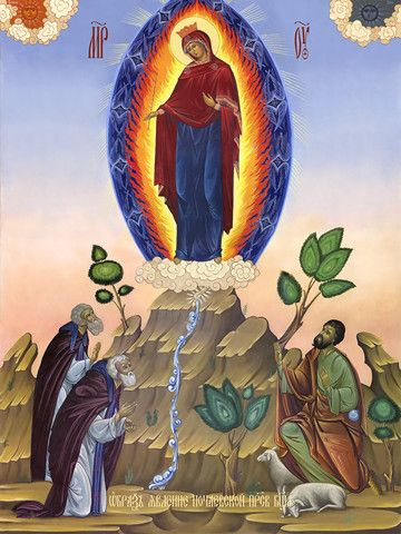 Освященная икона на дереве ручной работы - Явление Почаевской божьей матери, 9x12x3 см, арт Ид3736  #1