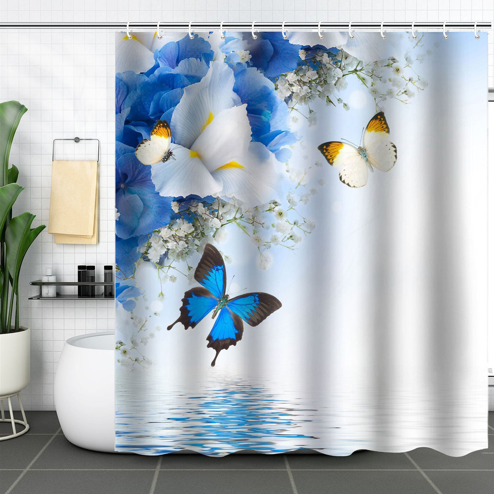 Штора (занавеска) для ванной / душа водоотталкивающая тканевая с кольцами 180 x 180 см Бабочки  #1