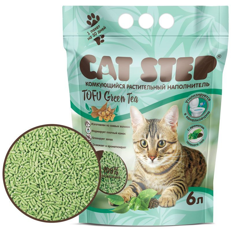 Наполнитель CAT STEP Tofu Green Tea для кошачьего туалета комкующийся, растительный Зеленый чай, 6 л #1