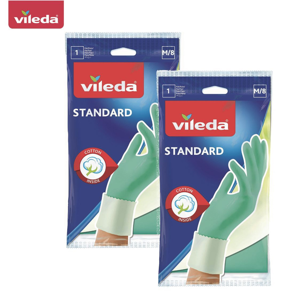 Перчатки Vileda Стандарт с хлопком, размер M/8, комплект: 2 уп. по 1 паре, цвет: зеленый, 146266-2  #1