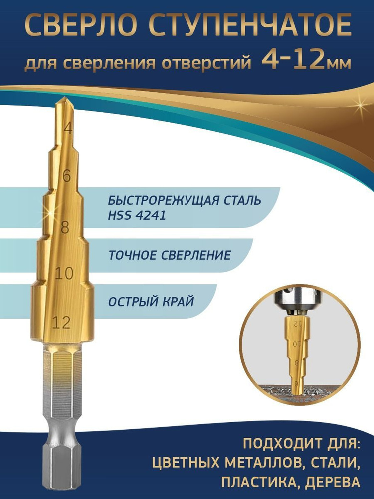 Сверло ступенчатое по металлу 4-12 HSS с шестигранным хвостовиком  #1