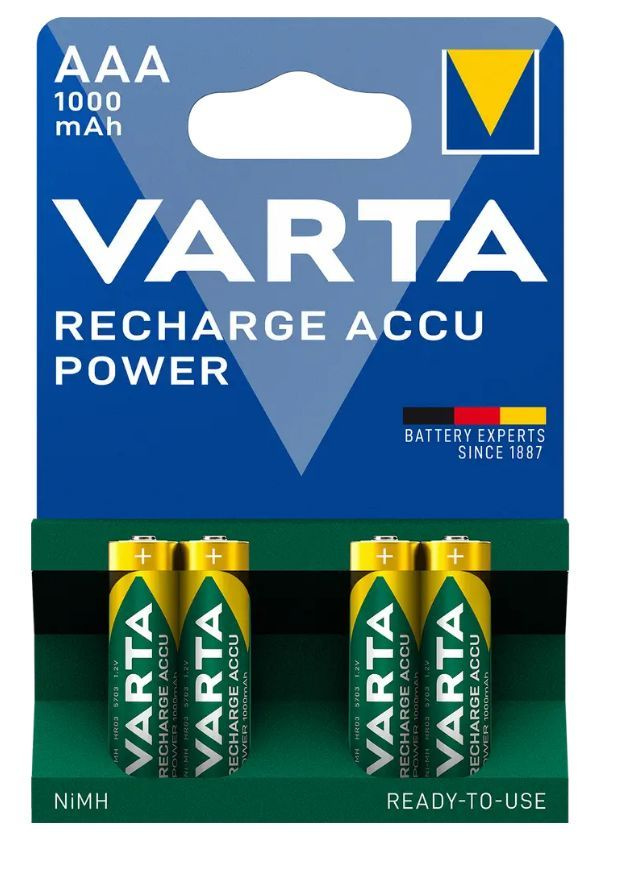 Аккумуляторные батарейки ААА VARTA R2U 1000 мАч мизинчиковые, аккумуляторы ААА 4 шт  #1