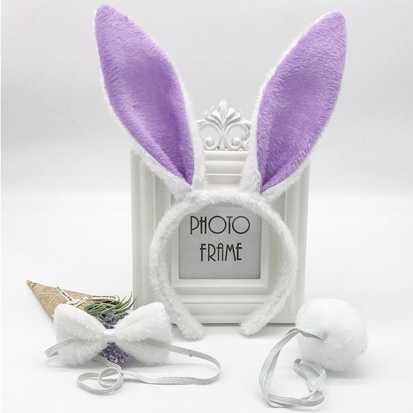 Карнавальный костюм ушки зайчика, 3 предмета, бело-фиолетовый  #1