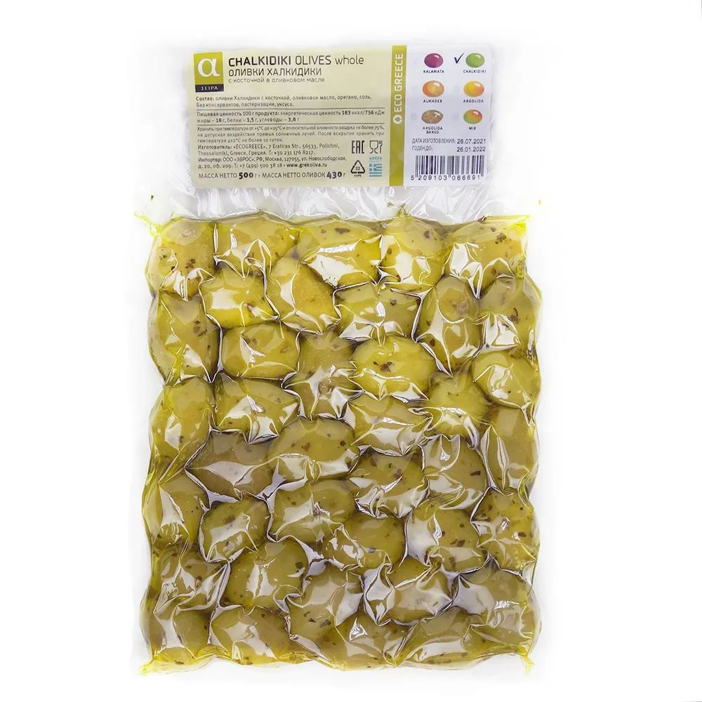 А-серия. Оливки Халкидики (XL) в оливковом масле с косточкой, Греция, вакуум, 500г  #1