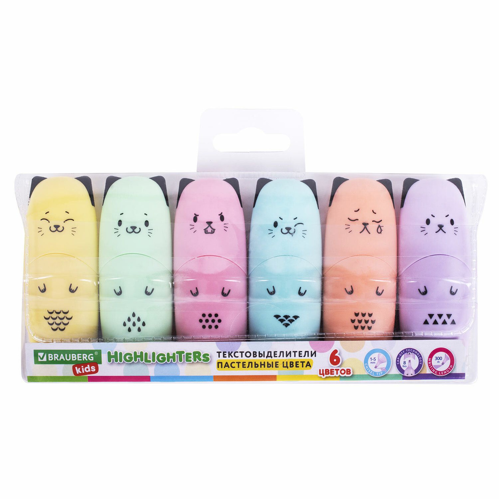 Набор текстовыделителей мини 6 ЦВЕТОВ KIDS "CUTE CATS PASTEL", линия 1-5 мм, 152436  #1