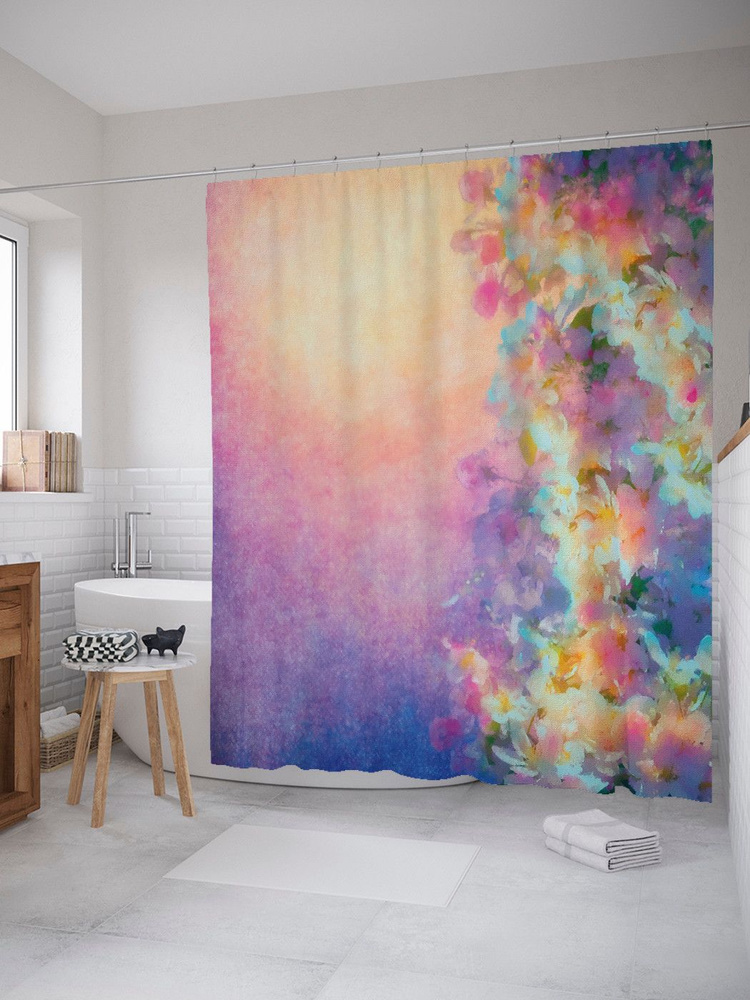 Штора для ванной, занавеска в ванную комнату тканевая "Цветочный импрессионизм" JoyArty  #1