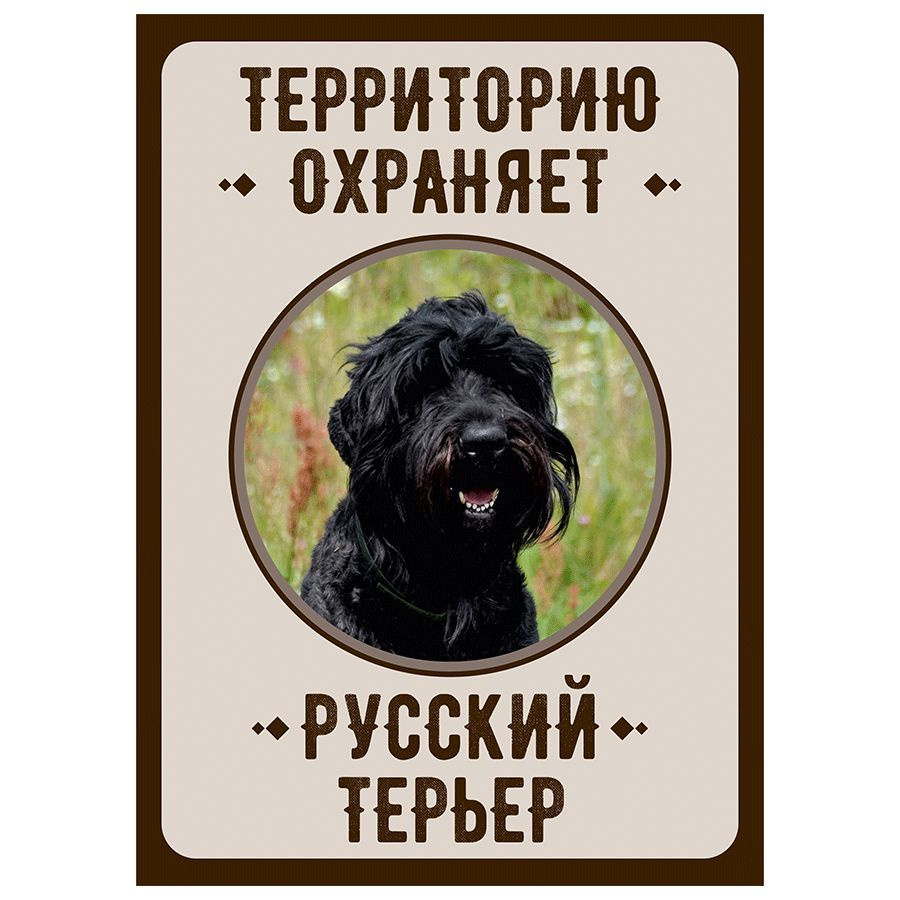 Табличка, Злая собака, Территорию охраняет Русский терьер, на металлической основе, 18см х 25 см, на #1
