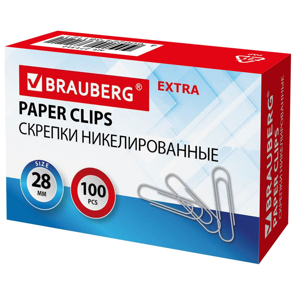 Скрепки EXTRA BRAUBERG 28 мм никелированные 100 штук, 271312 Комплект - 20шт.  #1