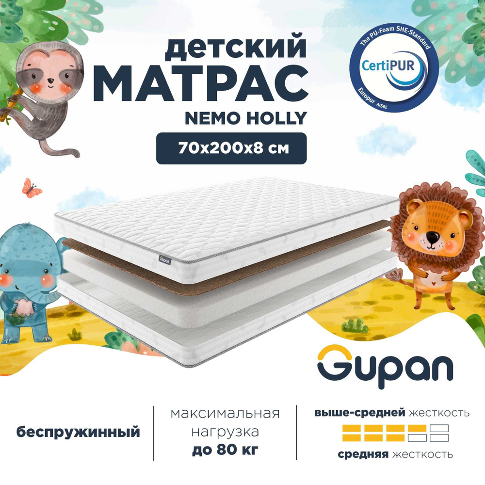 Gupan Матрас в кроватку Gupan Nemo Holly, Беспружинный, 70х200 см #1