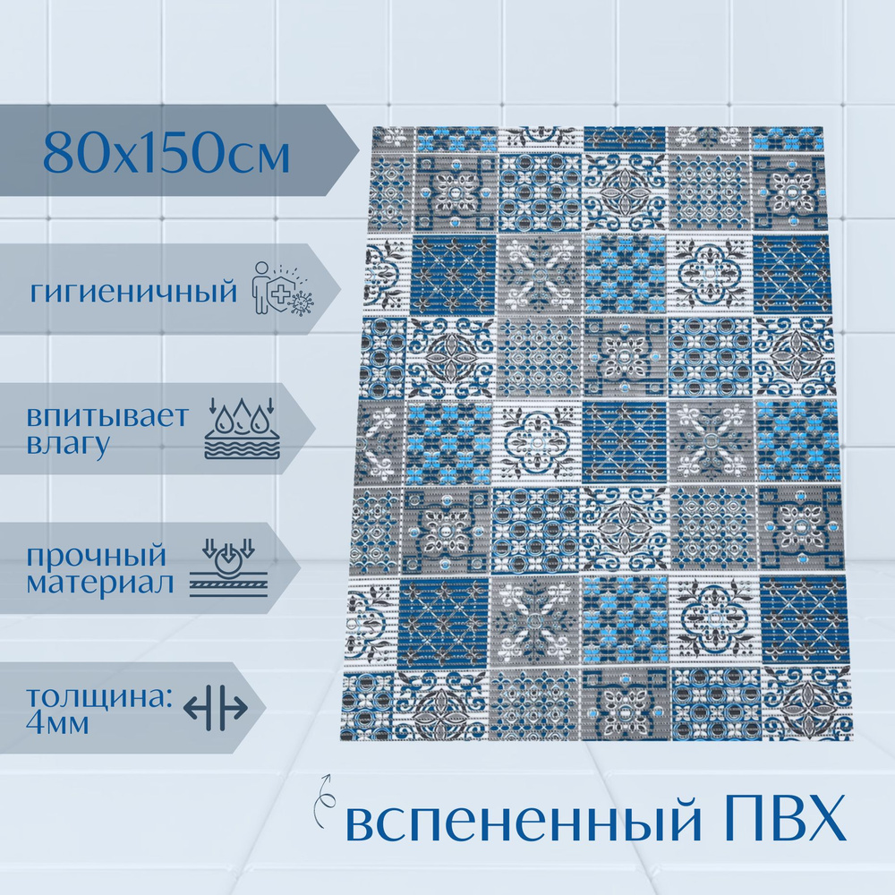 Напольный коврик для ванной комнаты из вспененного ПВХ 80x150 см, голубой/серый, с рисунком "Квадраты" #1
