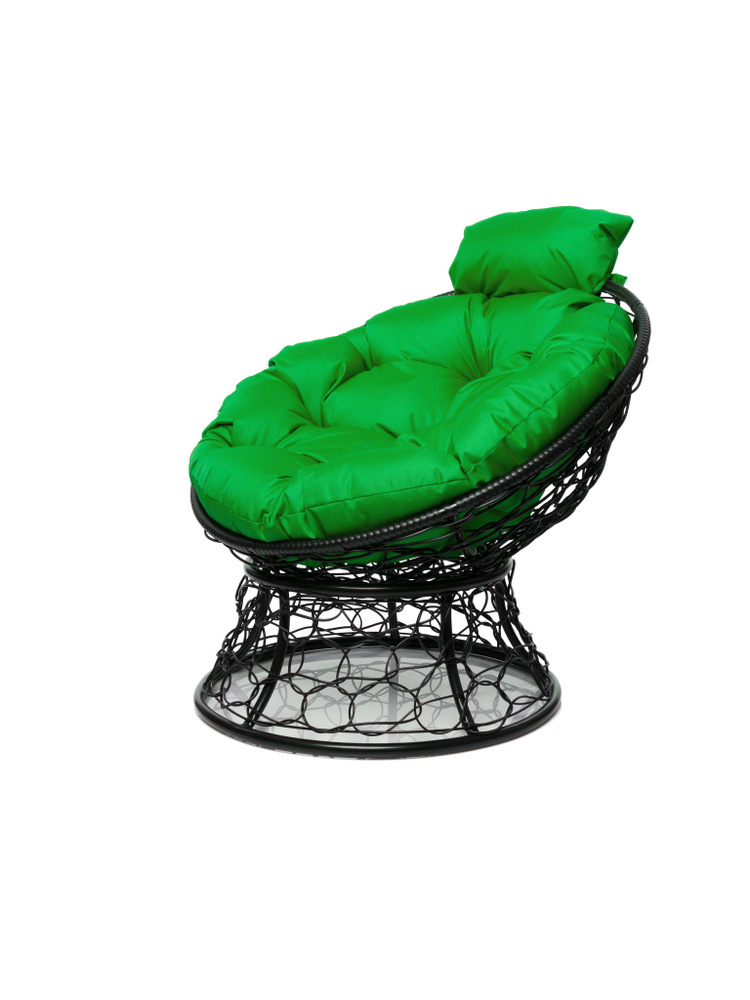 Кресло ПАПАСАН мини с ротангом черное, зеленая подушка #1
