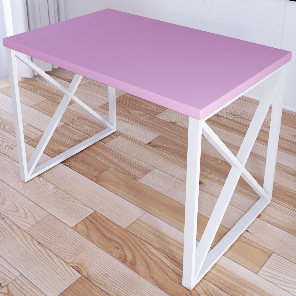 Стол кухонный Loft со столешницей розового цвета из массива сосны 40 мм и белыми металлическими крестообразными #1