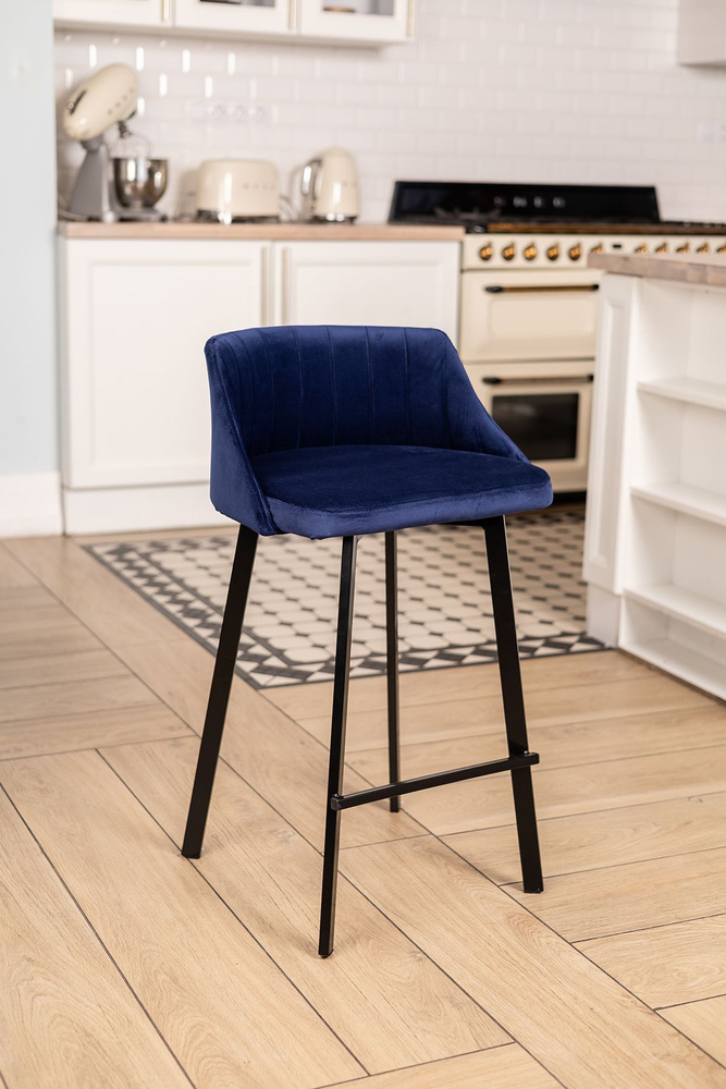 Полубарный стул Velex со спинкой, цвет синий велюр, основание черное, высота 65 см  #1