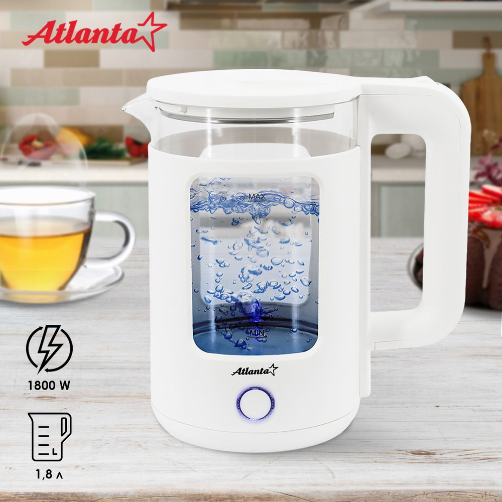 Электрический чайник Atlanta ATH-2474 (white), 1,8 л, стеклянный, внутренняя подсветка, дисковый ТЭН, #1
