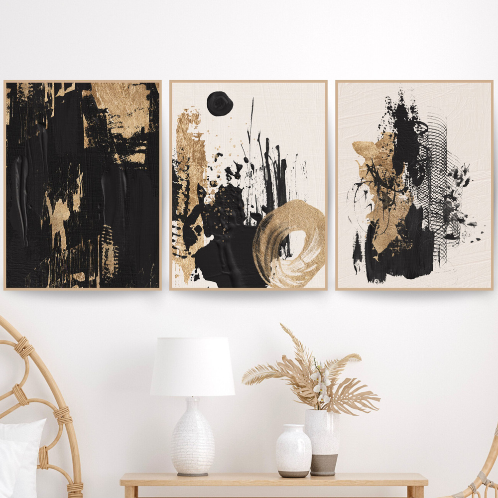 Постеры интерьерные "Абстракция масло в черном и золотом цветах" 3 штуки, 30х42 см, для гостиной, спальни #1